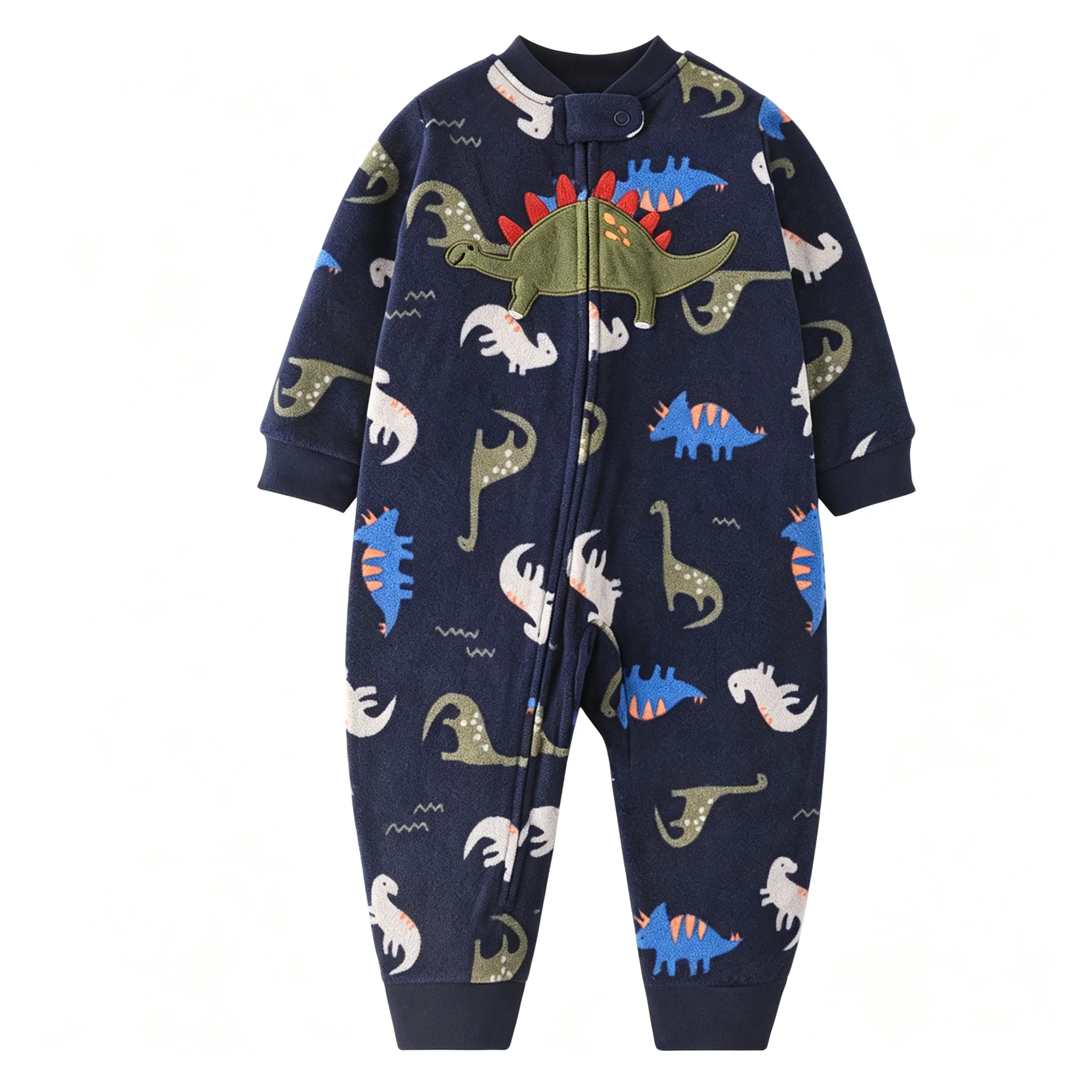 Infant Polar Fleece Romper Dinosaur Embroidery Full Zip Long Sleeve Stand Collar Baby Autumn Winter Outfit 9-24M