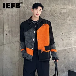 IEFB Trend Fashion Coat Personality Men Woolen Contrast Color Spliced Niche Design Autumn 2023 New Fur Edge Style Jacket 9C2745