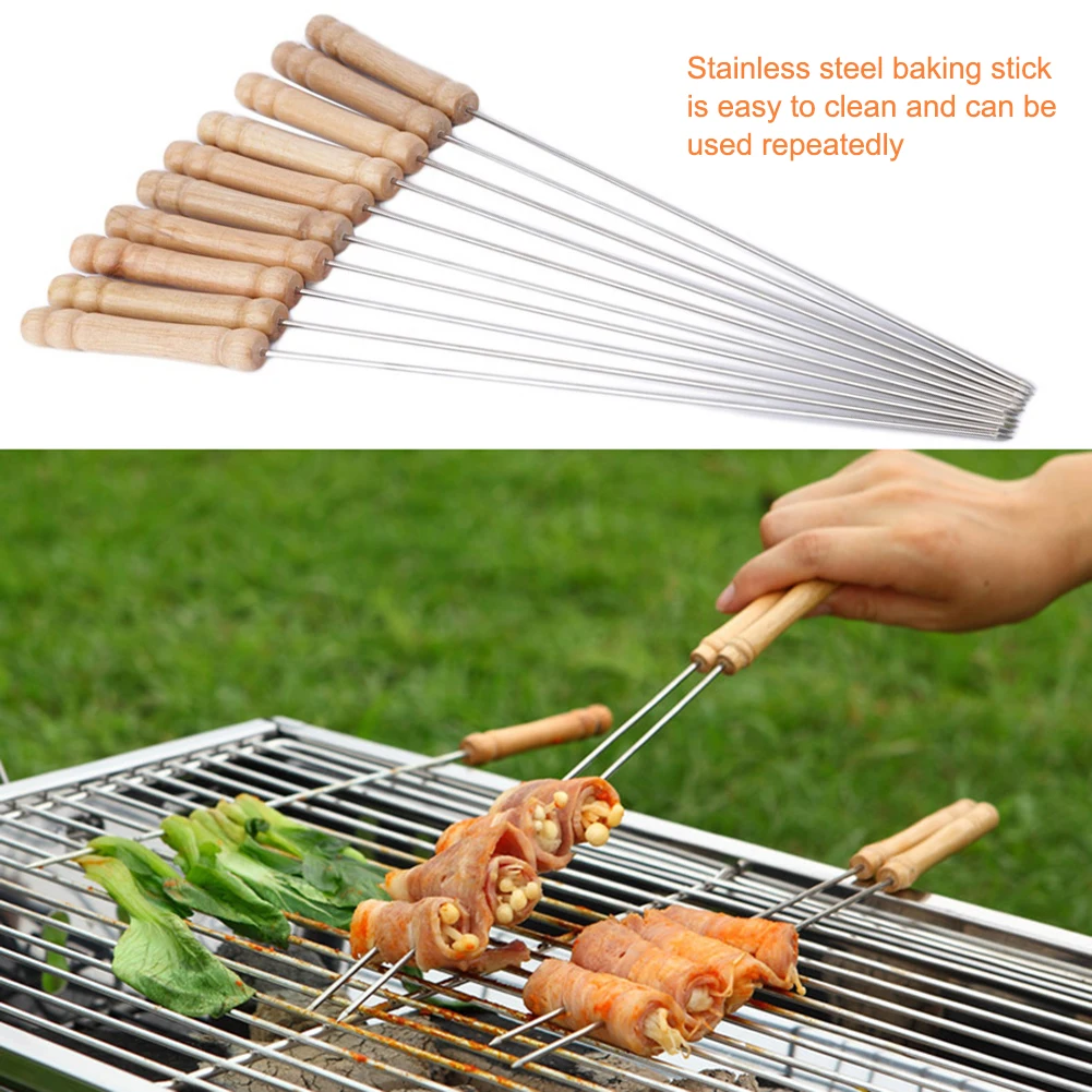 10Pcs Kabob Skewers Stainless Steel 8 Inch Shish Kebob Sticks Reusable with Wooden Handle for Meat Shrimp Chicken Vegetable