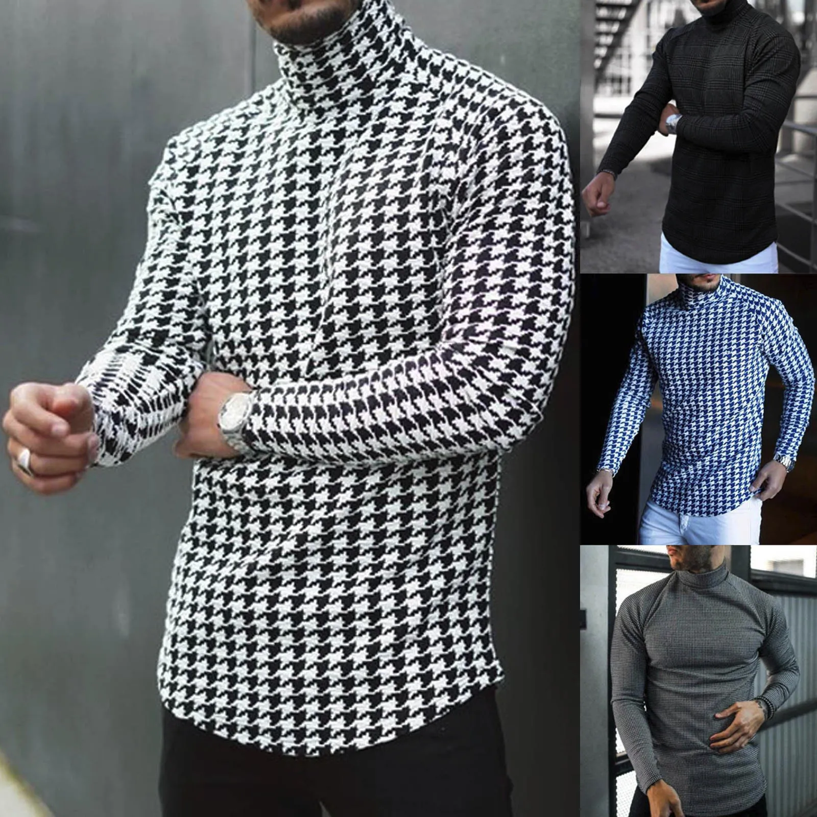 Hot Winter Warm Men Mock Neck Basic Print T-shirt Blouse Pullover Long Sleeve Top Male Outwear Slim Fit Stretch Fashion Sweater