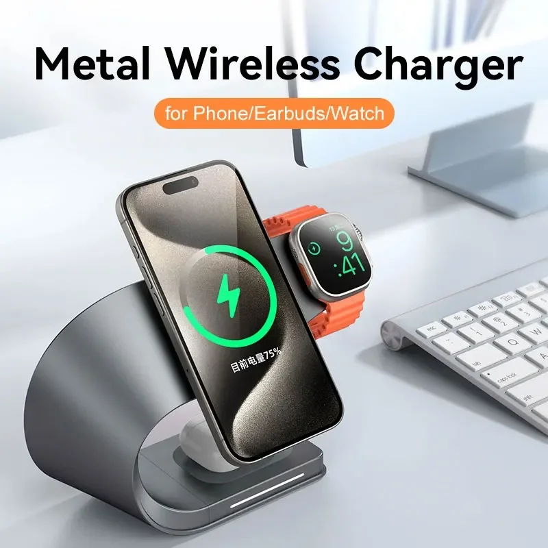 4 IN 1 Wireless Charger Metal Fast Charging Light for Magsafe iPhone 16 15 14 13 12 Pro Max AirPods 4 Airpods Watch Station