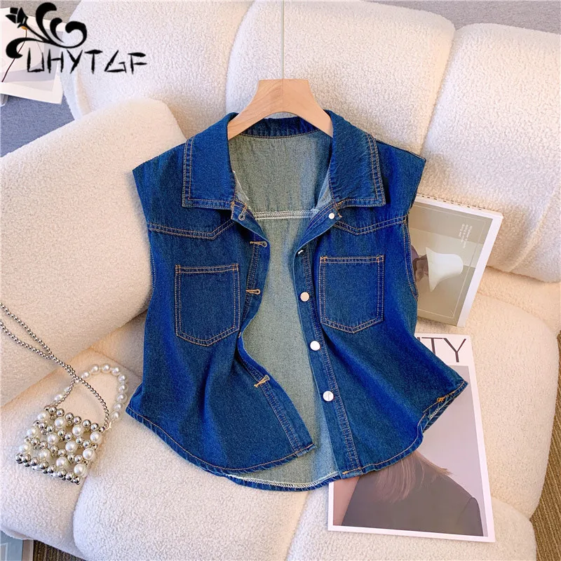 

UHYTGF New Thin Denim Vests For Women Pocket Button Sleeveless Short Jacket Female Casual Summer Jeans Waistcoat Coat Ladies 388