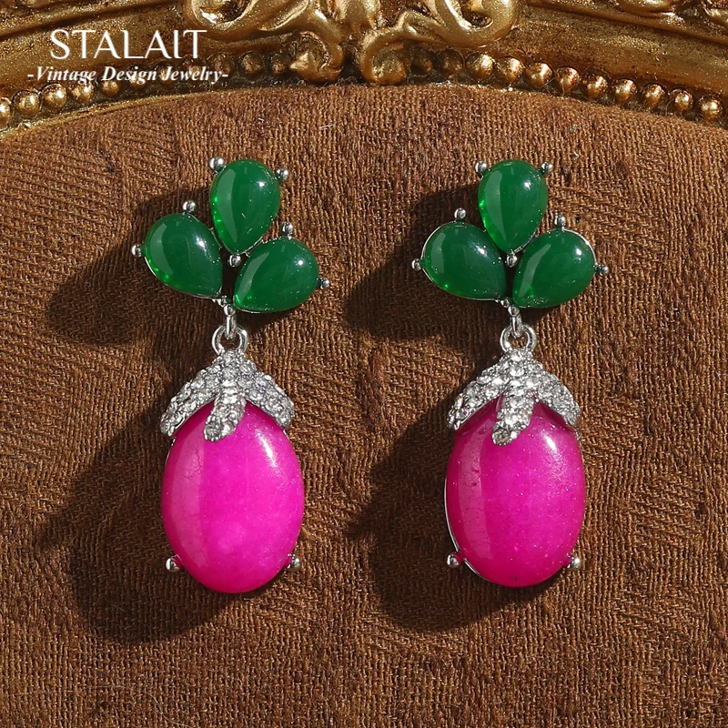 

Vintage Rose Red Green Agate Drop Earrings Natural Stone Plant Silver Color Rhinestones Accessories For Women Valentine Day Gift