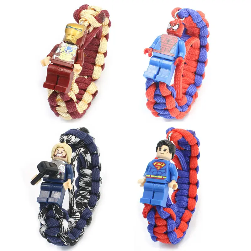 Bloques de construcción de los vengadores de Marvel, pulsera trenzada de dibujos animados creativos personalizados, Capitán América, Iron Man, Spider-Man, regalo de Navidad