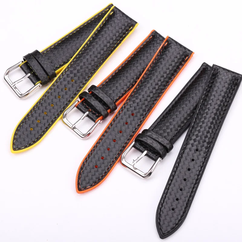 Leather + Rubber Watch Band Strap Women Men Yellow Orange Black 18mm 20mm 22mm Watchband Bracelet With Pin Buckle