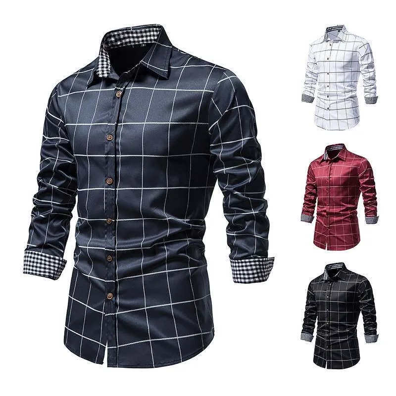 

European Style Autumn Plaid Longsved Shirt Men's Thickened PU Leather Fabric Long Sleeve Sweet Style Resistant to Fading And ...
