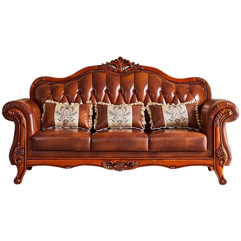 

European leather sofa, small apartment living room solid wood sofa