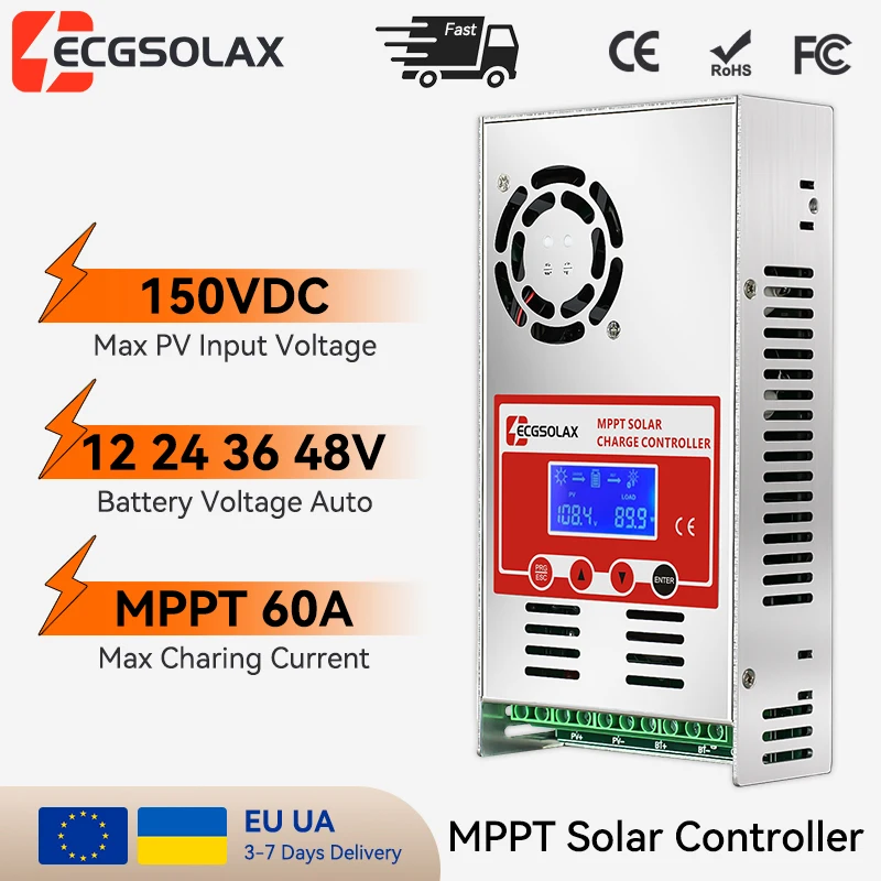 ECGSOLAX 60A Regulator Ładowania MPPT 12V 24V 36V 48V Auto Bateria Panel Słoneczny Regulator Ładowania MAX PV 150VDC