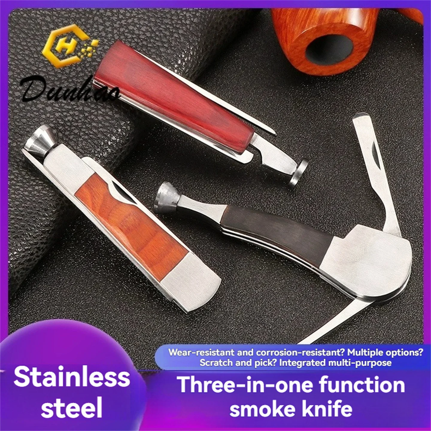 30 Pieces/Pack Wholesale 3 In 1 Folding Tobacco Pipe Cleaning Tool Stainless Steel And Wood Scraper Spoon Tamper Pick