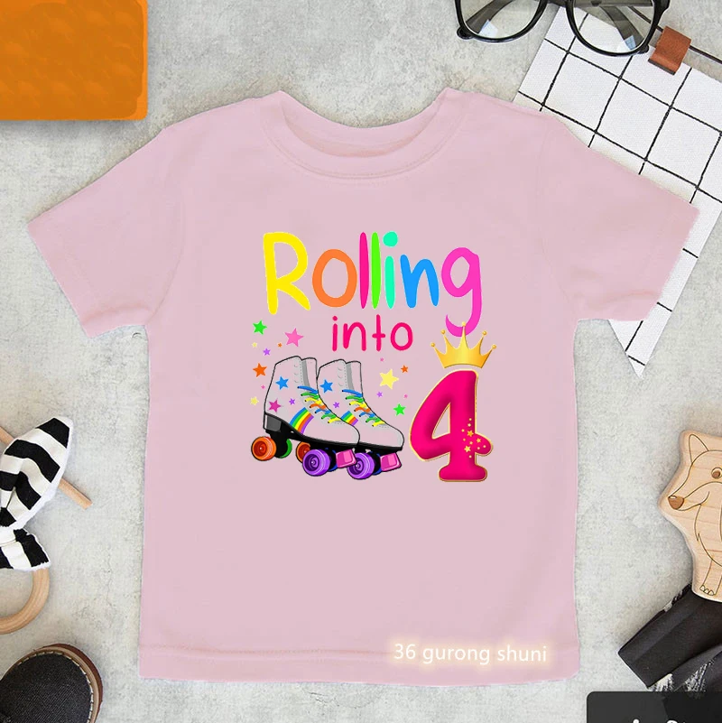 Rainbow Rolling Into 3th/4th/5th/6th/8th/9th/10th/11/Th/12/Th/13th Graphic Print T Shirt Girls Birthday Gift Kawaii Kids Clothes