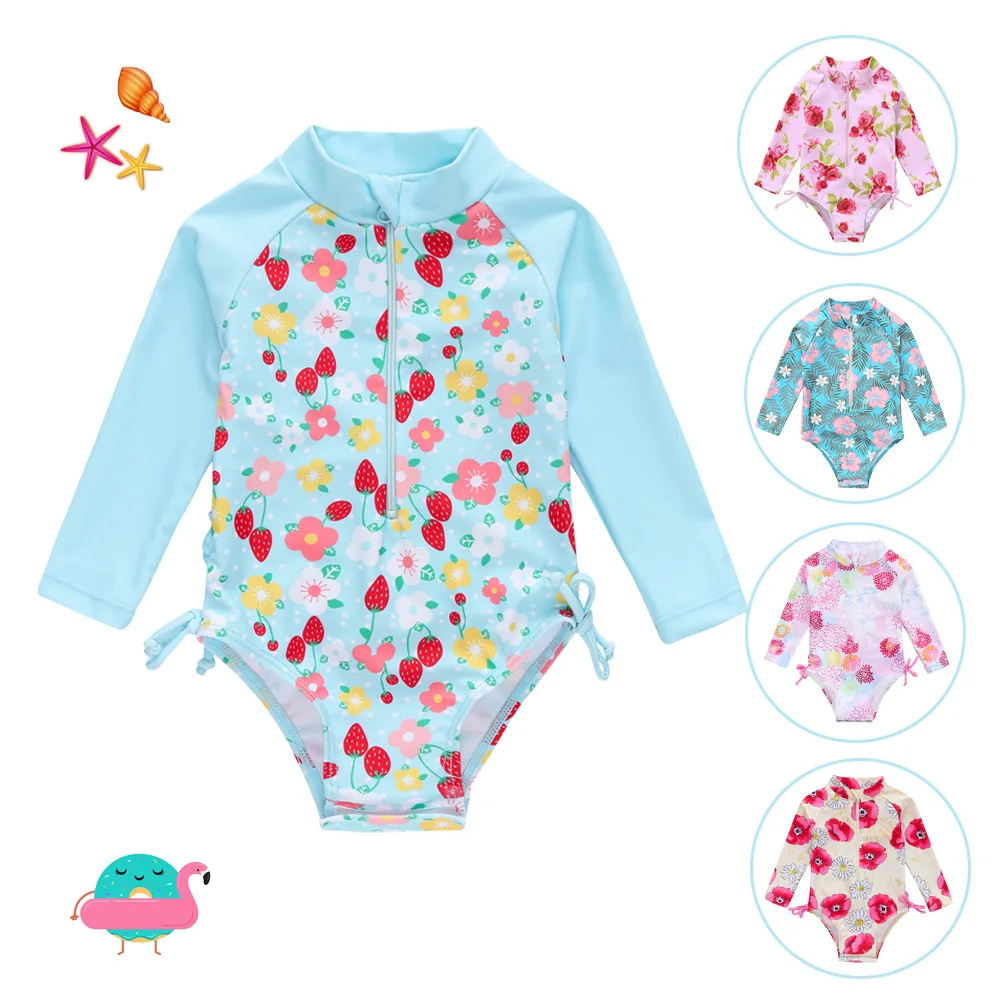 KAVKAS Baby Girl Swimsuit Floral Long Sleeve Kids Swimwear One Piece Toddler Infant Bathing Suit for Girls Children 3-24M