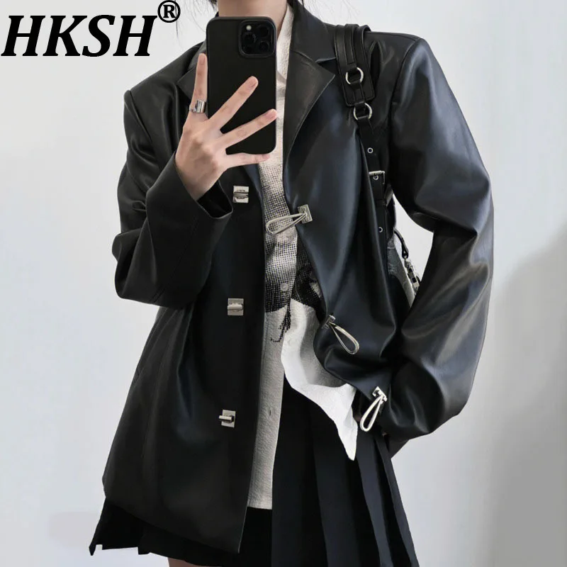 

HKSH Spring Autumn New Women's Jacket PU Leather Turn-down Collar Single Breasted Blazer Motorcycle Dark Punk Chic Coats HK14223