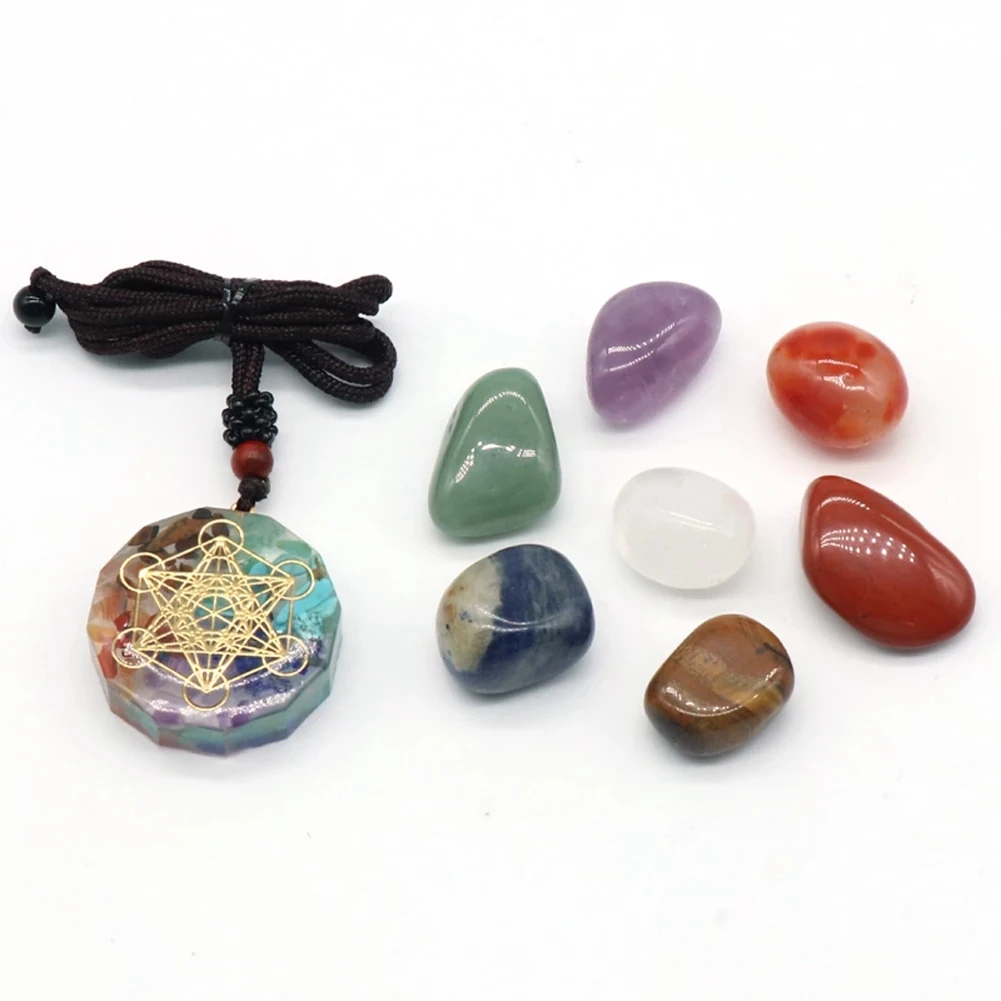 AA83 Ensemble des sept chakras, cristal naturel mélangé, décoration d'intérieur, collection de pierres précieuses polies, amulette, collier
