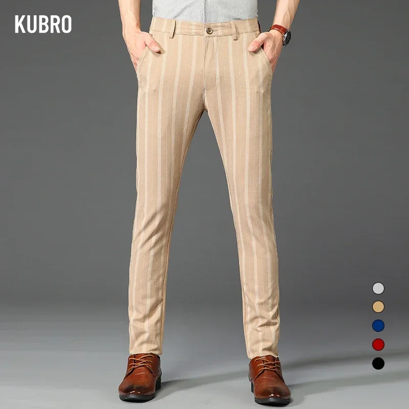 KUBRO Spring Autumn Brand Stripe Pants Men Classic Business Elastic Waist Slim Formal Suit Casual Trousers Fashion High Quality