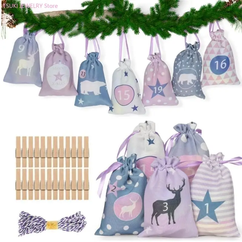 62KE Advent Calendar Bags Christmas 24 Days of Advent Calendar Pouches DIY Gift Bags