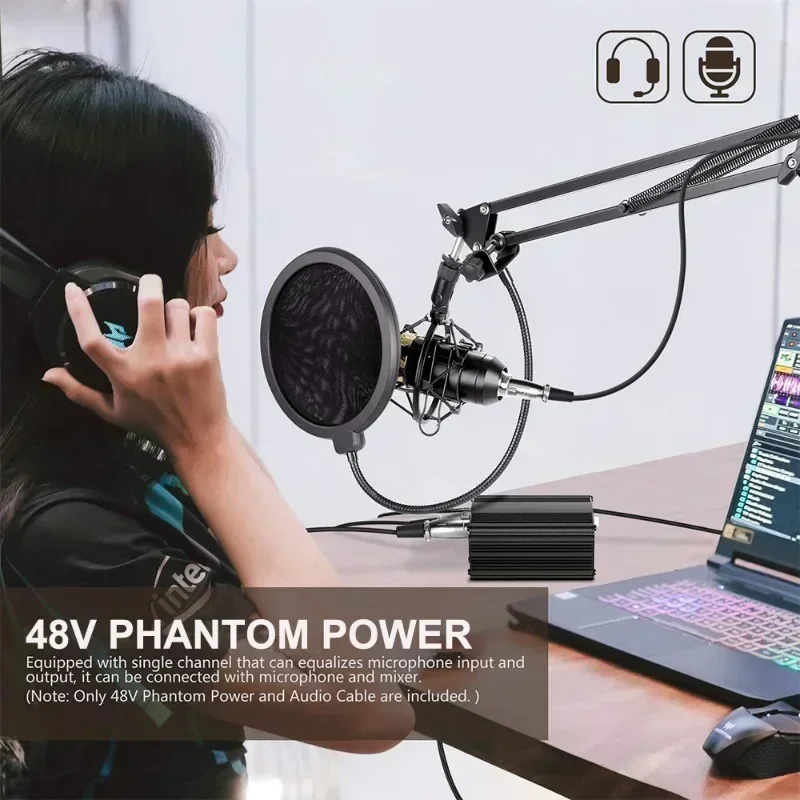 Phantom Power 48V จัดหาการ์ดเสียงถ่ายทอดสดเครื่องชาร์จไมโครโฟนอะแดปเตอร์จ่ายไฟไมโครโฟนคอนเดนเซอร์