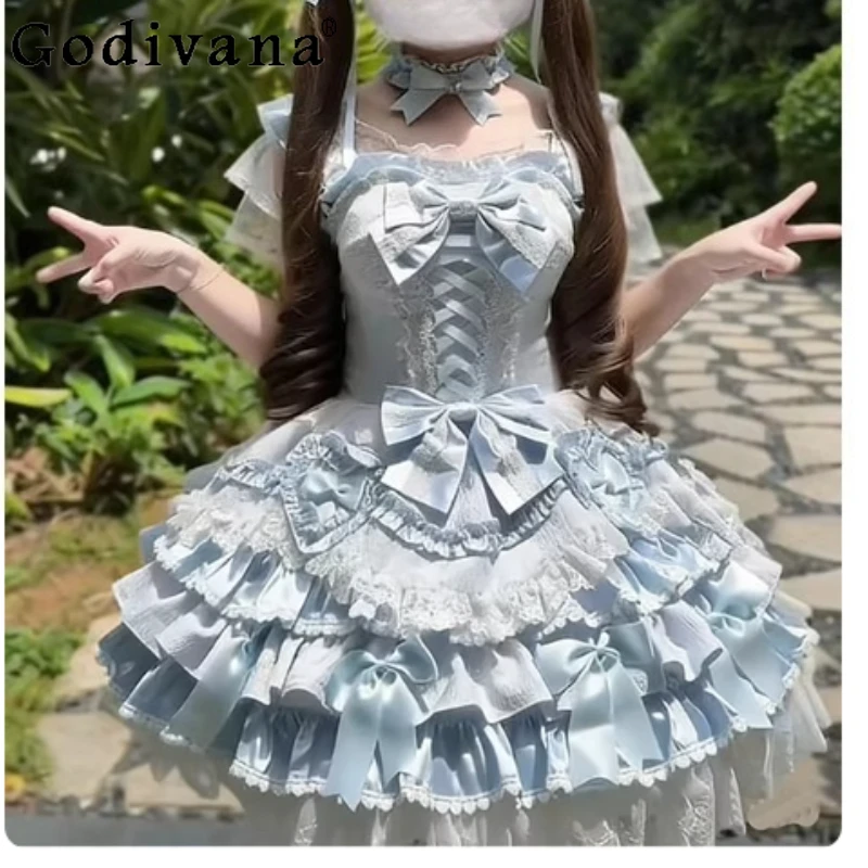 

Elegant Blue Ballet Cute Lolita Sweet Princess Suspender Dress Fashion Age-reducing Square Collar Lace-up Party Fairy Dresses