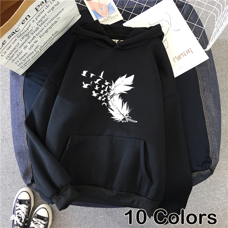 

Fashion Feather Printed Hoodie Autumn/Winter Casual Hooded Long Sleeve Pullover Sweatshirt