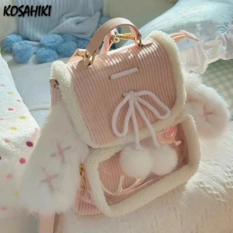 Korean Patchwork Fluffy Ears Transparent Ita Bags Casual Simple Kawaii Cute Schoolbags Sweet Y2k Girls Fashion Backpacks Women