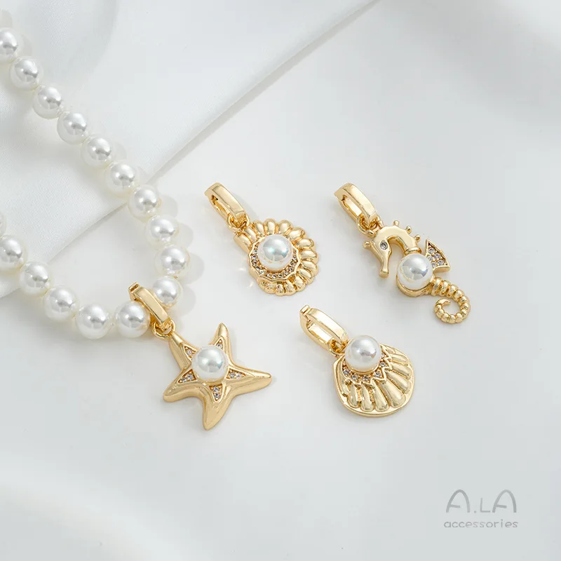 14K Gold-plated Marine Life Series Conch Shell Universal Buckle Bead Holder Pendant DIY Sticky Pearl Necklace Accessories