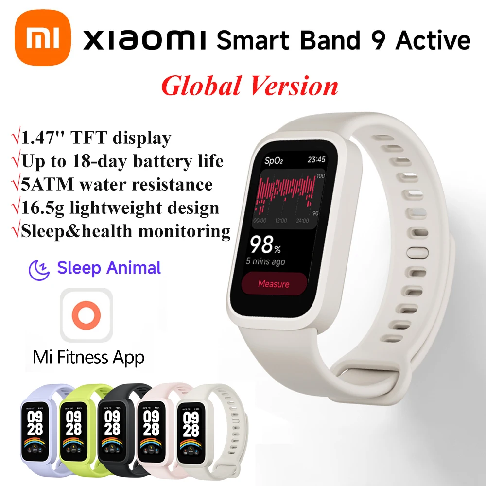 

Xiaomi Smart Band 9 Активная глобальная версия Дисплей 1,47 дюйма Срок службы батареи 18 дней Мониторинг здоровья 5 АТМ Спортивный браслет Mi Fitness
