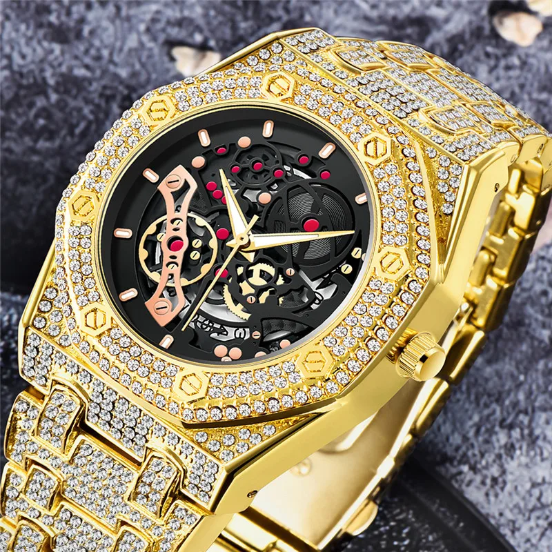 Men Luxury Brand Gold Watches Fashion Alloy Band Hip Hop Diamond Skeleton Date Quartz Watch Relogio Masculino Ouro Reloj Hombre