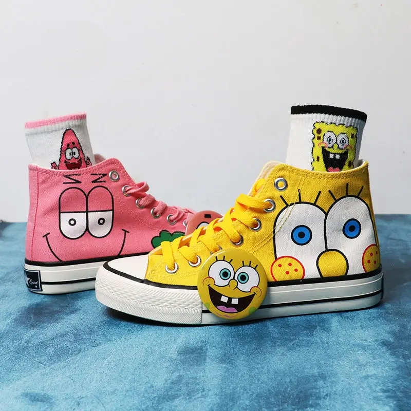 2024 Summer New yellow pink Student SpongeBob SquarePants High Top Canvas Cute Girl Cartoon big size man shoes women Shoes