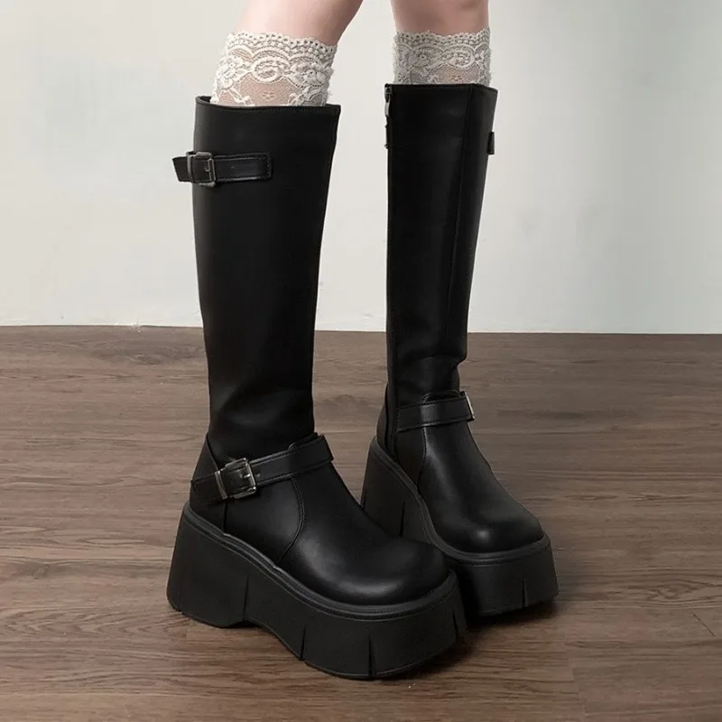 Classics Black Women's Boots Height Increasing Knee-High Long Boots Women Belt Buckle Side Zip Round Toe Wedge Platform Shoes