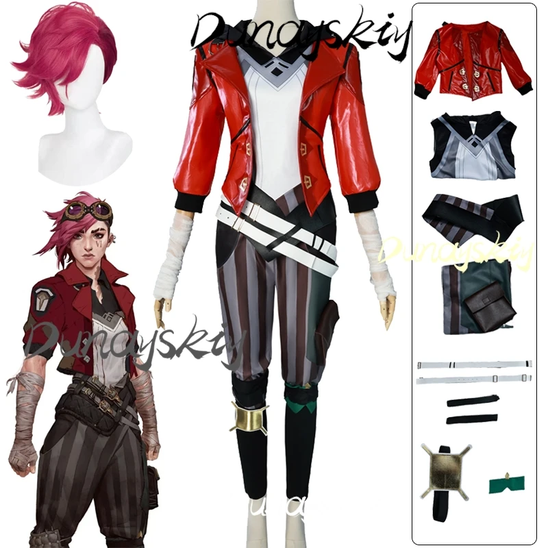 Vi Cosplay Wig Uniform Anime Game LOL Arcane Season 2 Cosplay Pants Jacket Outfits Carnival Suit For Role Play Customized