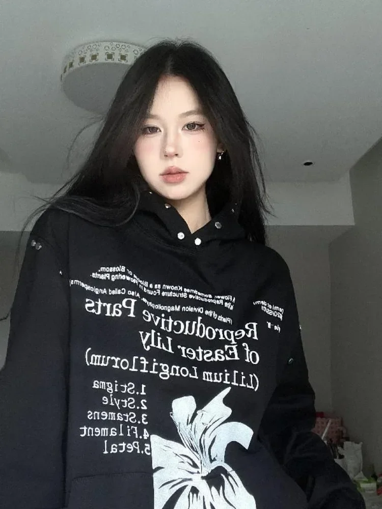 Y2k Aesthetic Letter Printing Hoodie Women Streetwear Rivet Hooded Tops 2024 Harajuku Sweatshirt Girl Cute Loose Grunge Hoody