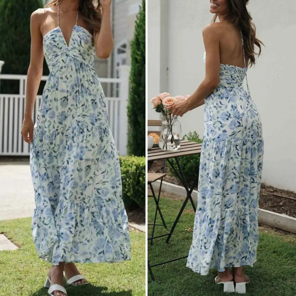 

Women Halterneck Dress V-neck Maxi Dress Floral Print Halter Maxi Dress for Women Vacation Beach Sundress with Off Shoulder