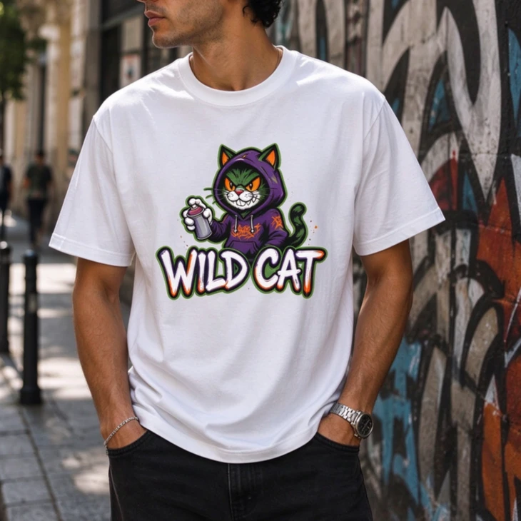 Hip Hop Streetwear Wild Cat Cartoon Graffiti Graphic T Shirt Men Casual Short Sleeve Spray Paint Cat Tee Harajuku Y2k Top