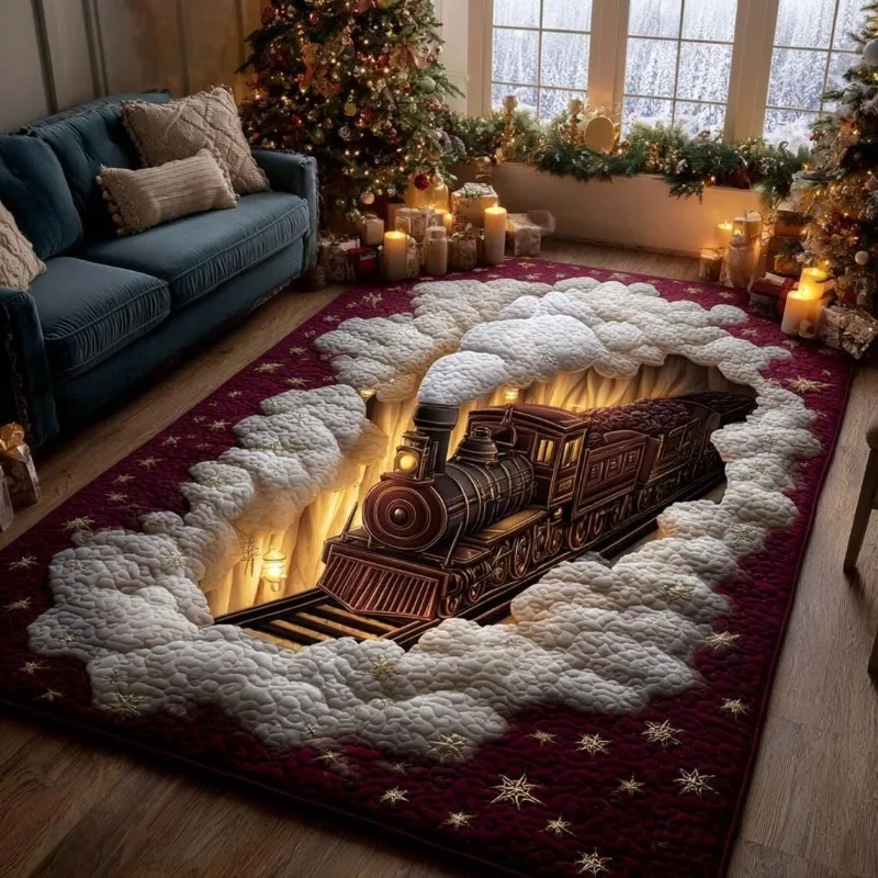 Visual Stereoscopic Train Carpet Illusionary Hole Train Track Printed Carpet Anti Slip Decorative Carpet for Living Room