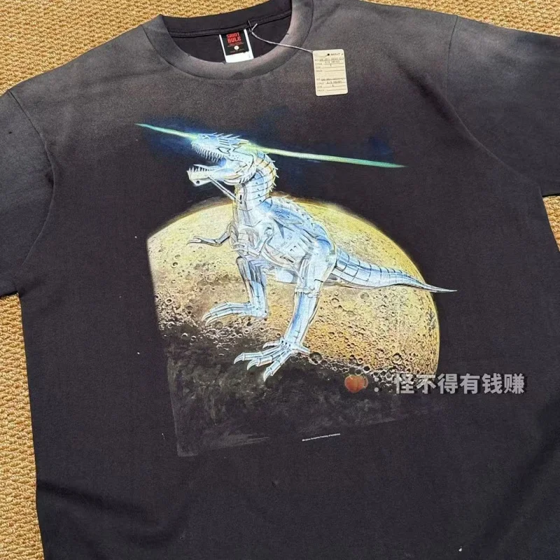Authentic SAINT Black Mechanical T-Rex Vintage Print Tee Summer Fashion Washed Hip-Hop Casual