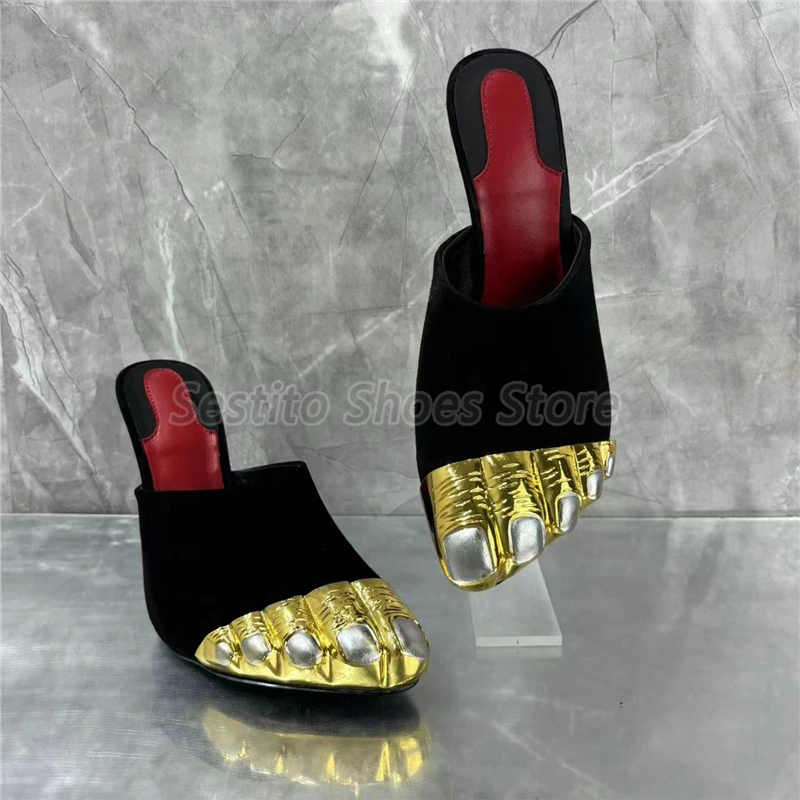 Black Satin Gold Finger Half Slippers for Women Luxury Thin High Heels Fashion Slipper Summer New Party Banquet Stiletto Shoes