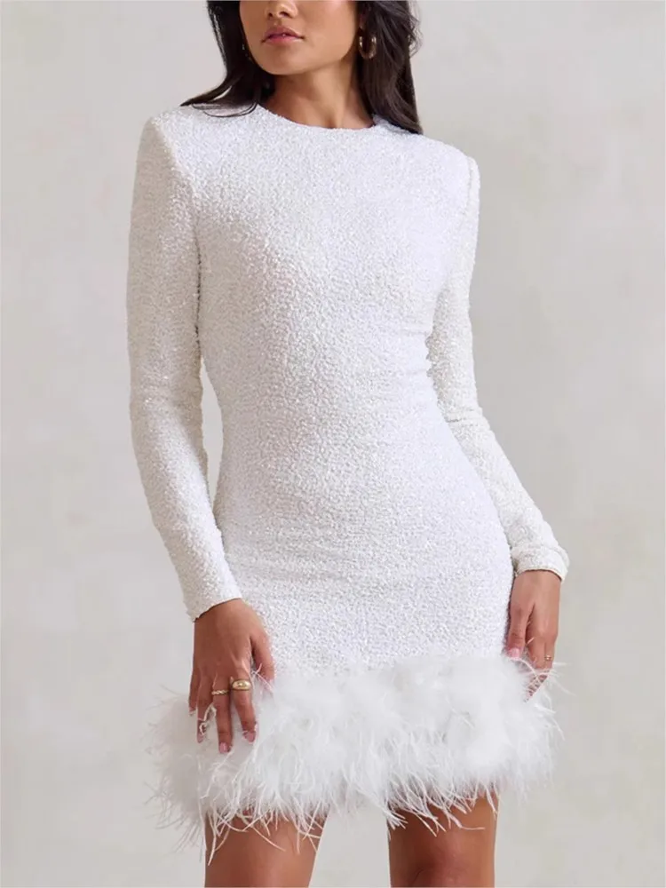 

Sexy Sequins Feather Patchwork Party Dress Women O-neck Long Sleeve Hip Package Mini Dresses Female Christmas Robes Lady Vestido