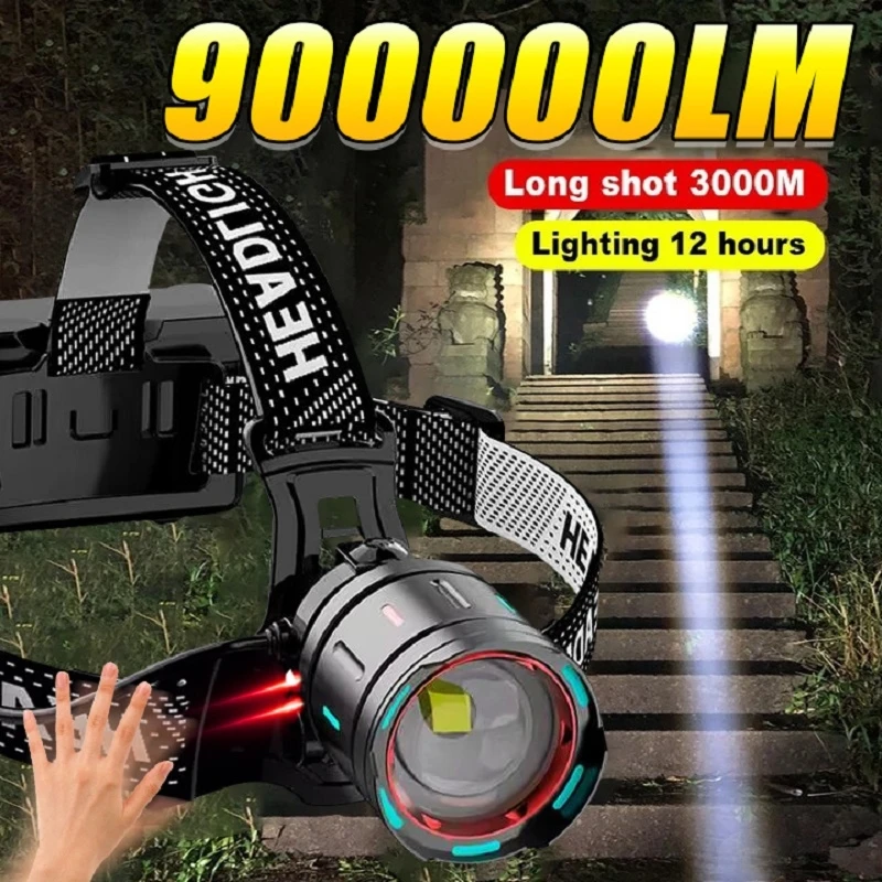 9000000LM Powerful Head Lamp Super Bright White Laser Front LED Head Flashlights 3*18650 USB Rechargeable Waterproof Head Torchs