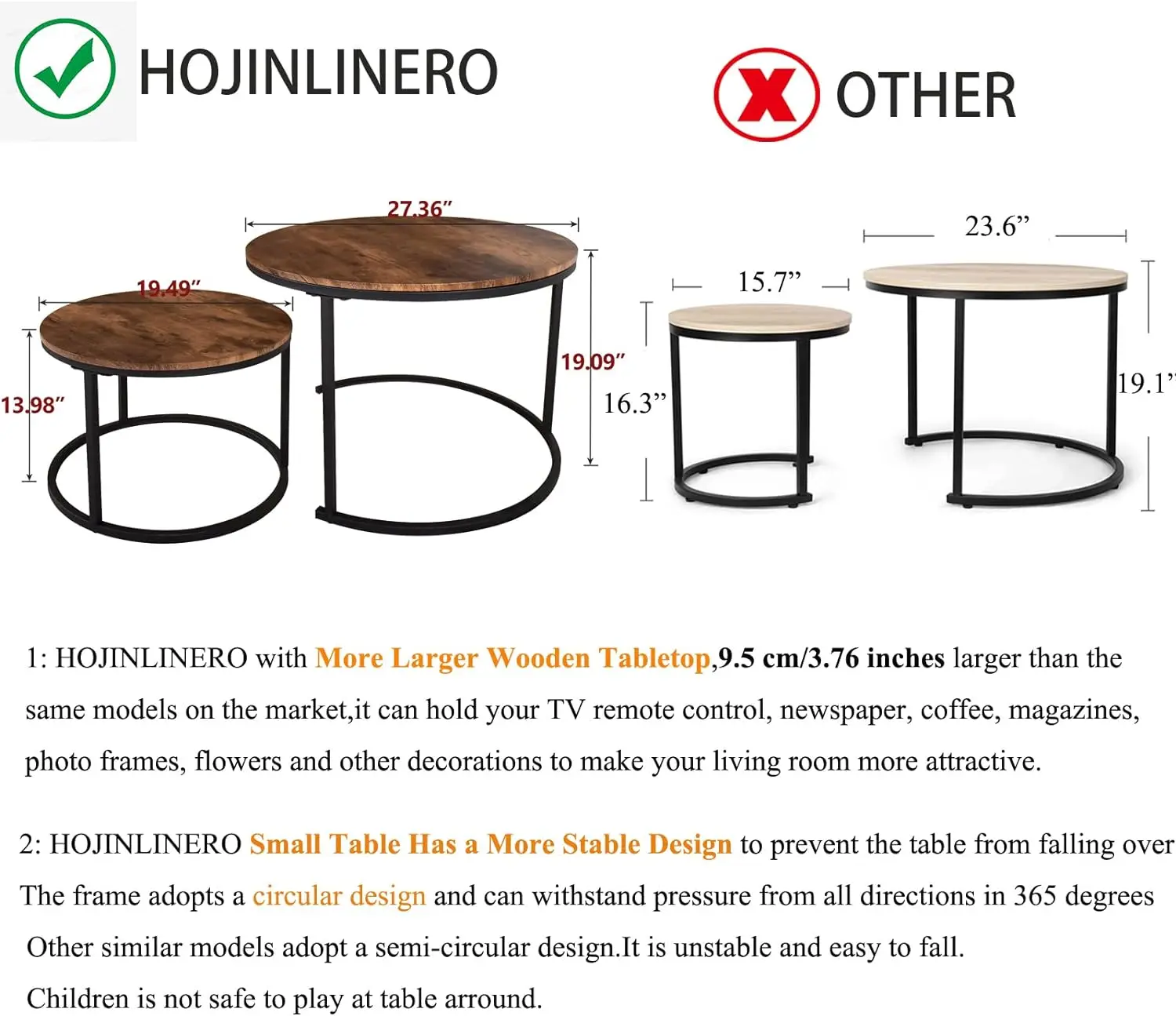 Industrial Round Coffee Table Set of 2 End Table for Living Room,Stacking Side Tables, Sturdy and Easy Assembly,Wood Look Accent