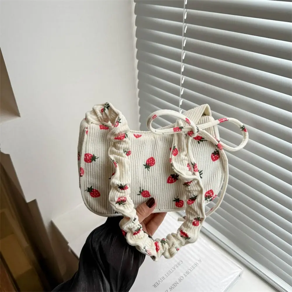 Fashion Korean Style Strawberry Printing Shoulder Bag Sweet Fruit Corduroy Tote Bag Leisure All-match Handbag Daily image 3