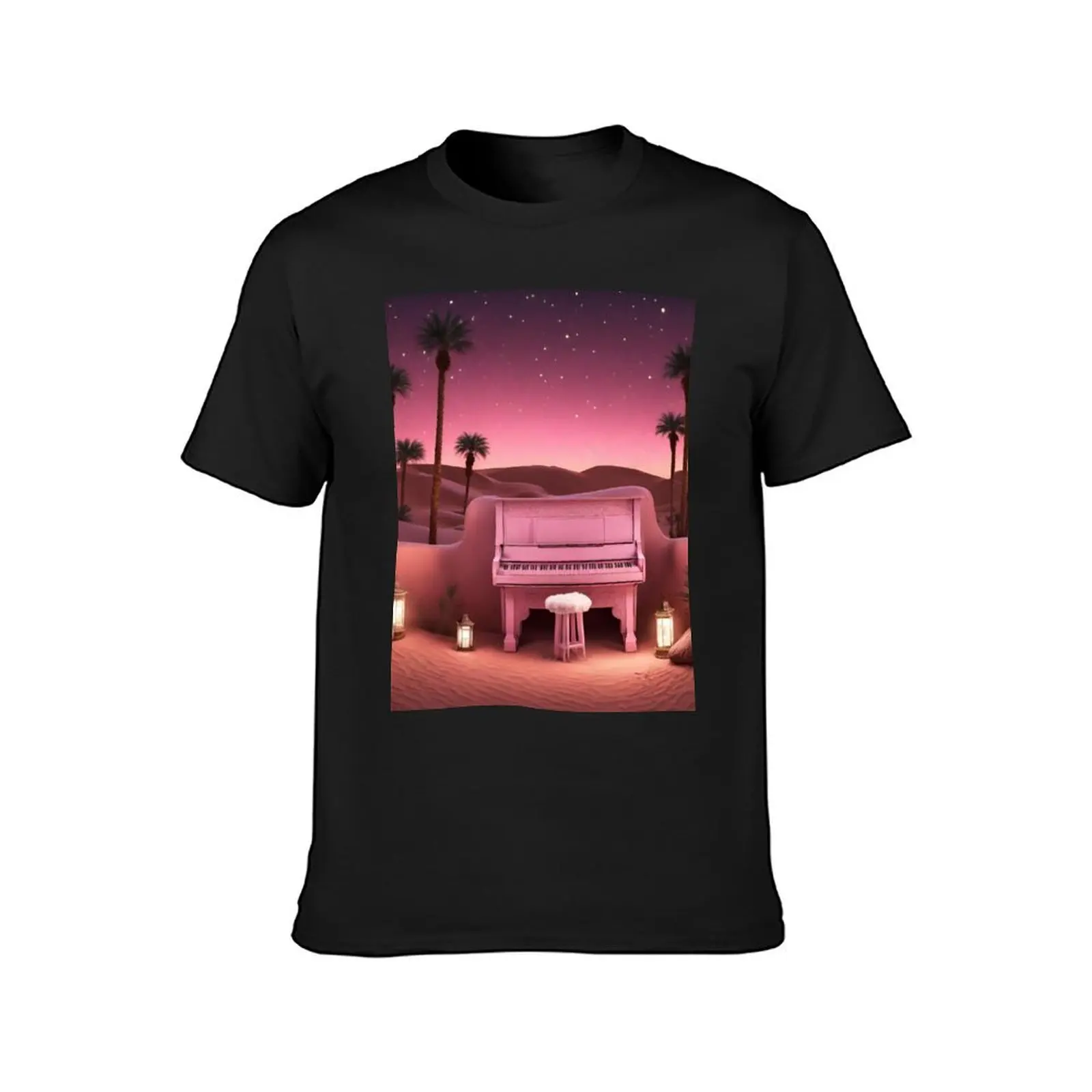 Piano in the Egyptian desert with Pyramids, jungles, lanterns, ancient Rome T-Shirt sweat Short sleeve tee mens plain t shirts