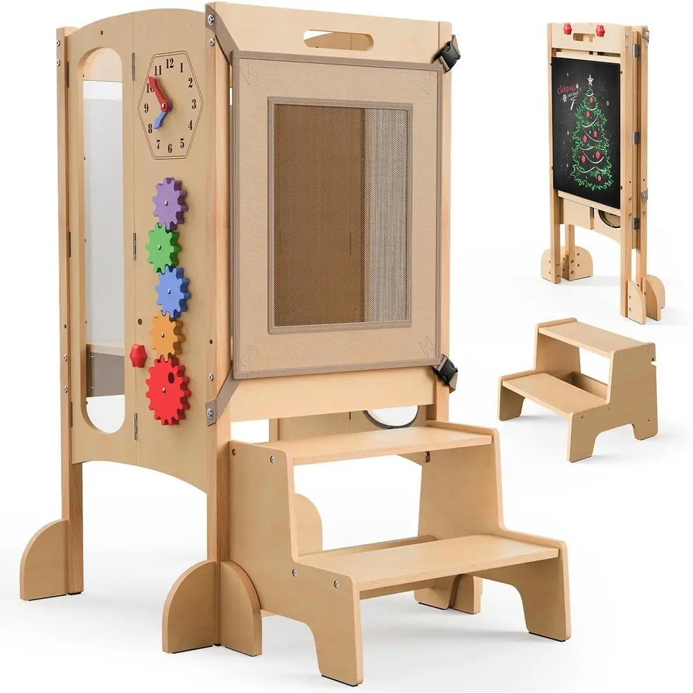 

Anti-Tip Wooden Toddler Kitchen Stool with Safety Net, Detachable Step, Chalkboard & Whiteboard, Supports 150lb, for Ages 18M-5Y