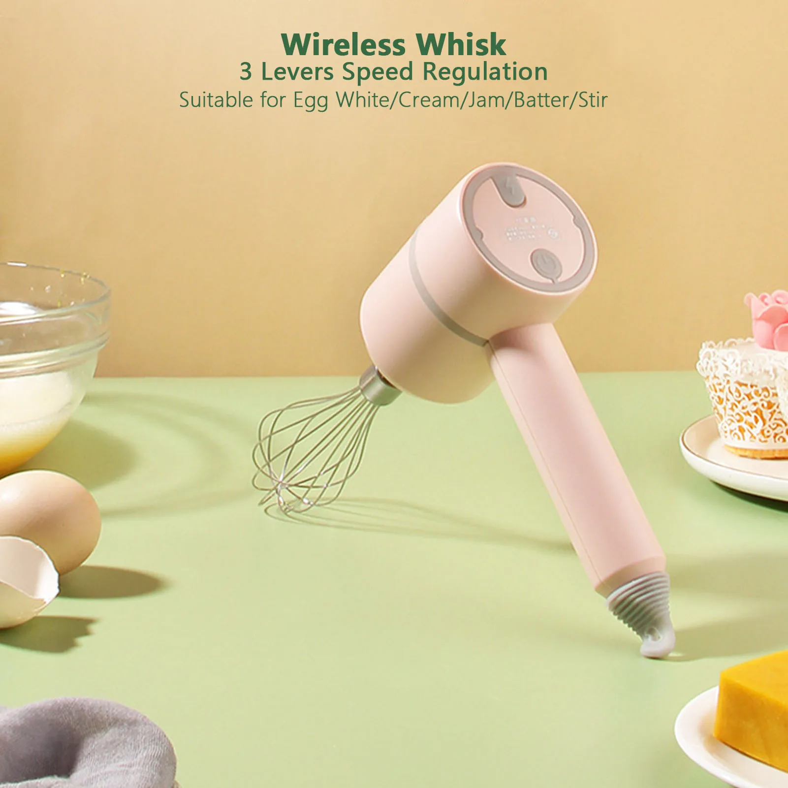 Hand Mixer Electric Long Lasting Stirring Powerful Motor Removable Egg Stick Electric MixerPink Wireless 2 Sticks