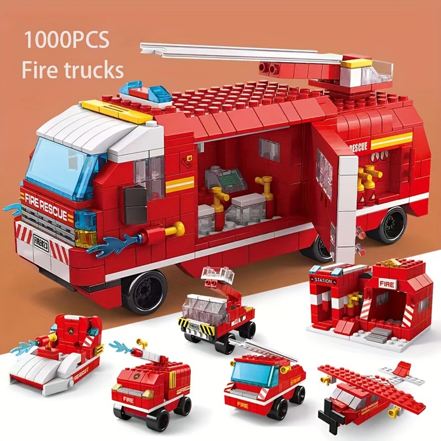 

6-in-1 fire brigadi-themed building blocks, fire brigade car models. Educational toy fire engine building blocks. Gifts for chil
