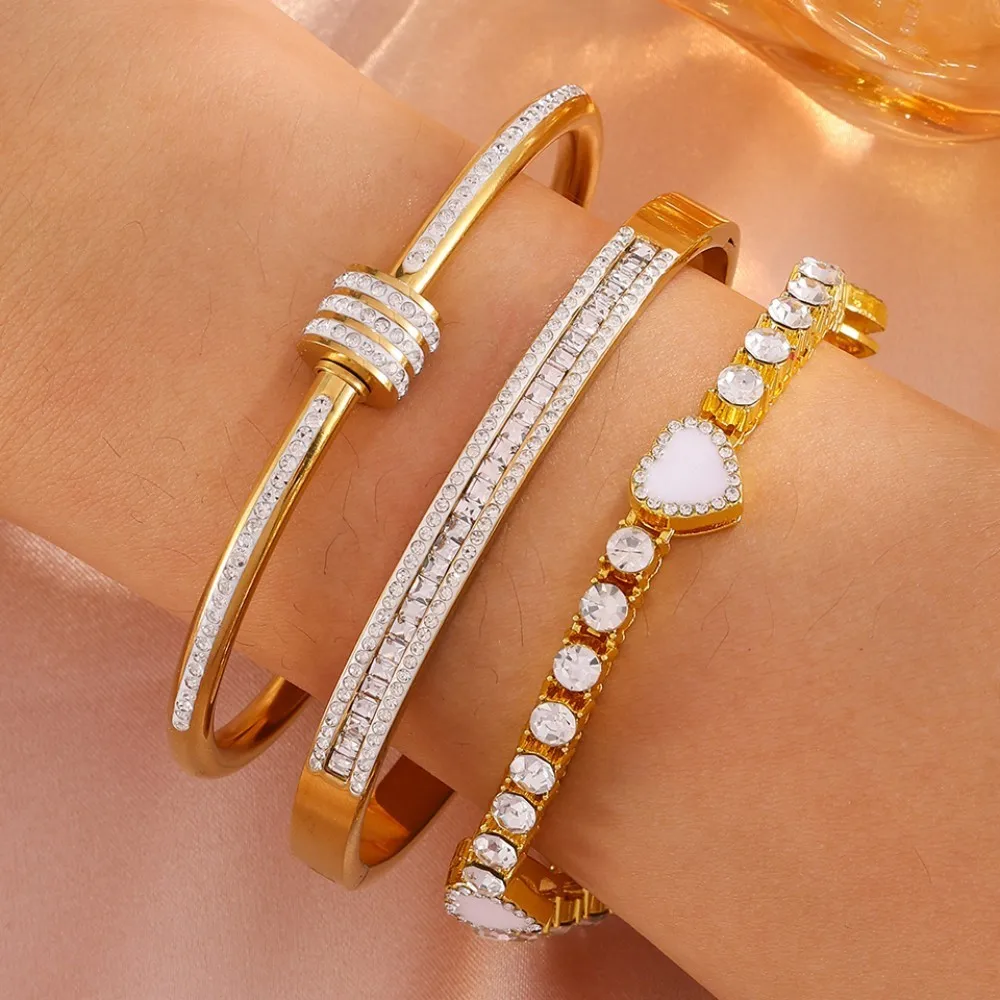 Sweet Multi‑color Enamel Heart Bangle Sparkling Zircon Layerable Stacking Cuff Bracelet Female Party Jewelry Gift