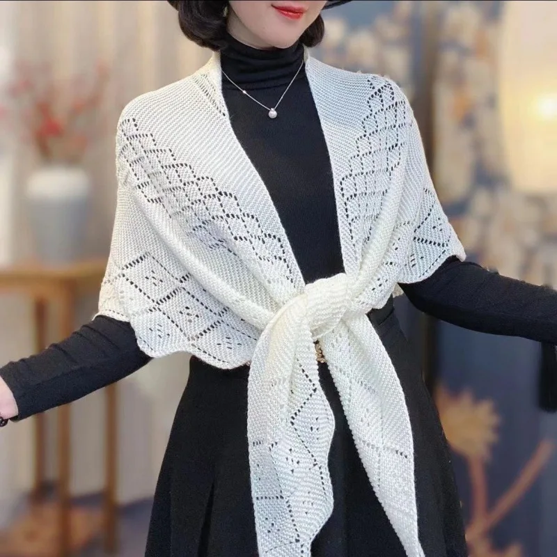 

Women Spring Autumn New Thin Knitted Hollow Triangle Scarf Shawl Female Fashion All-match Solid Color Travel Scarves Wraps