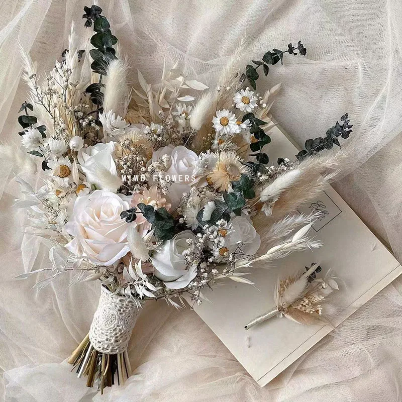 Dry Pampas Grass Wedding Bouquet for BrideRose Bridal Artificial Bouquet Bridesmaid Boho Wedding Home Decoration Bouquets