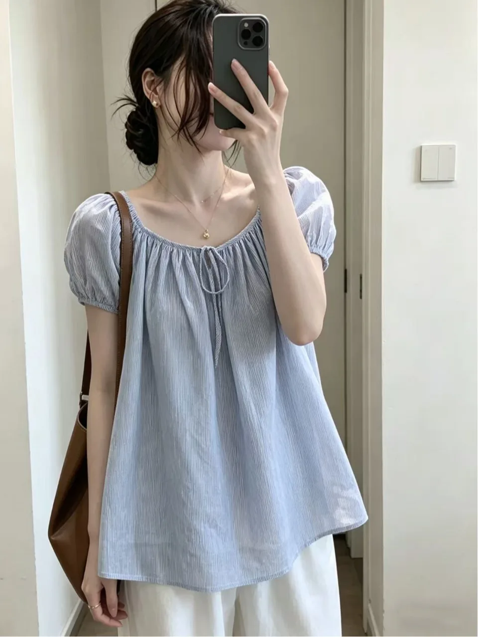 

Sweet Korean Style Bubble Sleeve Shirt plus Size Loose Slimming Design Belted Summer New Arrival Women's Casual Fashion Top