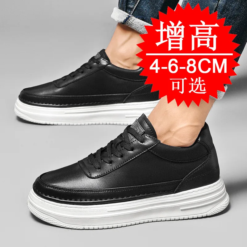 الرجال غير مرئية الارتفاع زيادة أحذية المصعد الأبيض وحيد الدانتيل متابعة الجلود رياضي ووكر 8 سنتيمتر 6 سنتيمتر الأبيض أحذية كعب مخفي