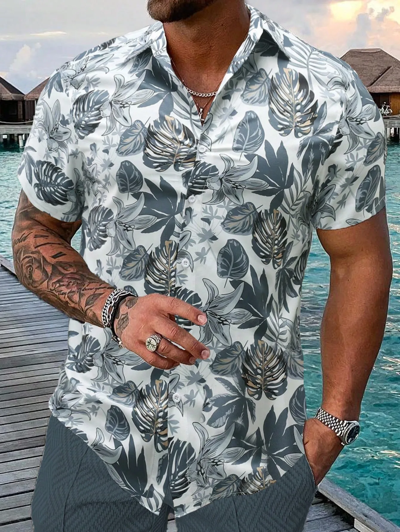 

Hawaiian Vibe Mens Shirt Tropical Plant Print Short Sleeve Cuban Collar Beach Travel Loose Top
