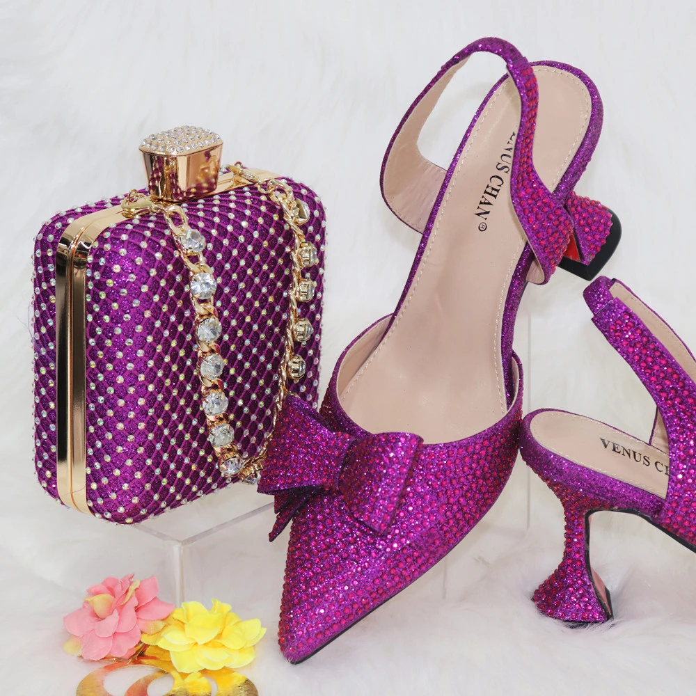 Venus Chan Gold 2024 Heels for Women Pointed Toe With Bows Gold Color Rhinestone  Elegant Party Wedding Shoe and Bag Set